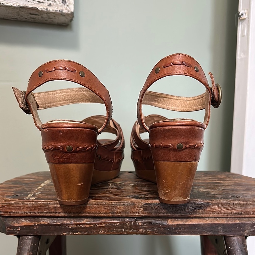 FRYE Carlie Huarache Ankle Brown Leather Wedge Sandals - Picture 2 of 14